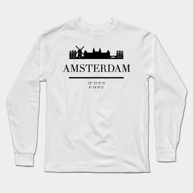 AMSTERDAM NETHERLANDS BLACK SILHOUETTE SKYLINE ART Long Sleeve T-Shirt by deificusArt